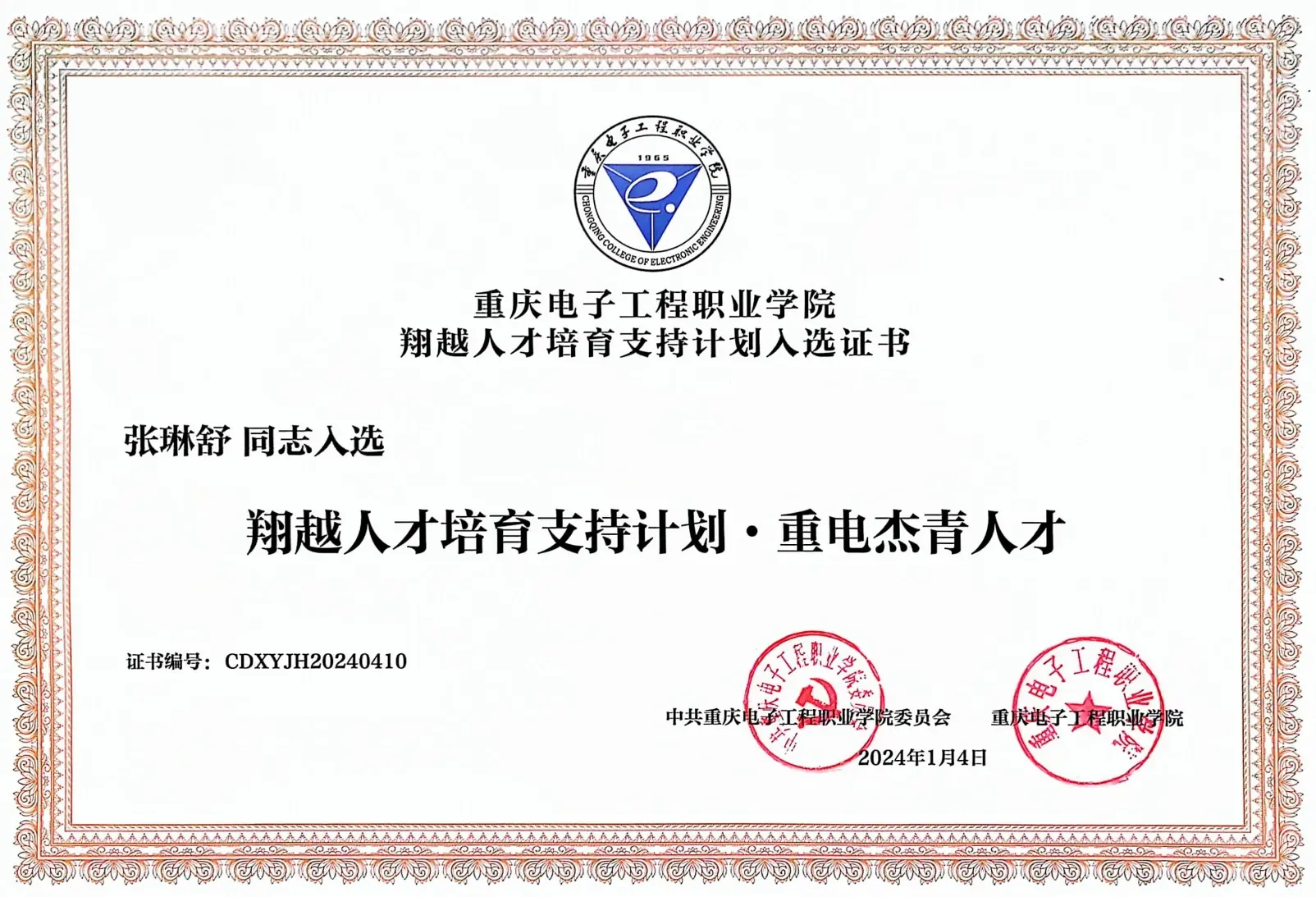 Chongqing Polytechnic University of Electronic Technology Outstanding Young Talent